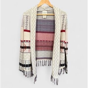 Boho‎ Open Cardigan Sweater Fringe Aztec Beige Red Cottagecore Women's Small